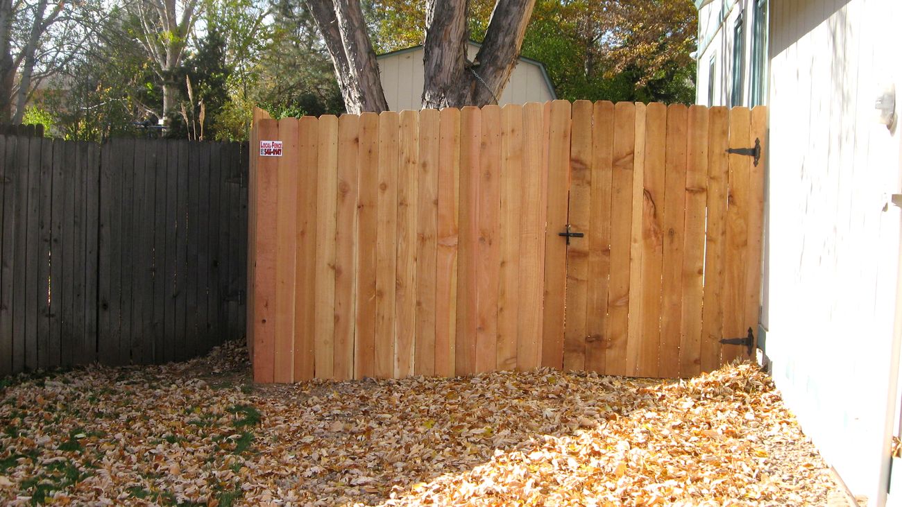 A new cedar fence and gate built beside an older weathered fence