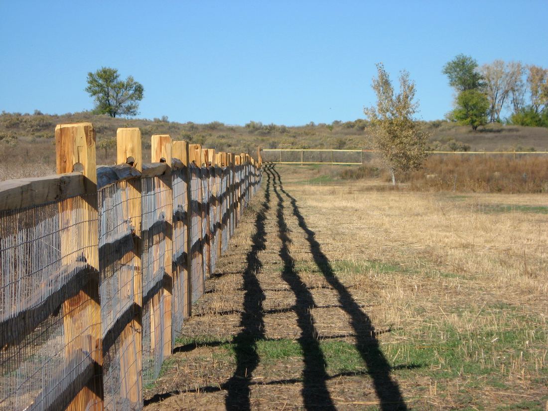 Wire backed ranch rail fence across an open field
